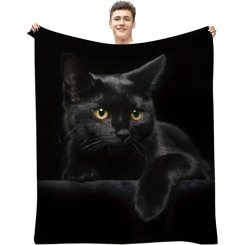 Flanelldecke mit schwarzer Katze – geometrisches Tiermotiv |   Weiches, leichtes, ganzjähriges (Winter/AC), maschinenwaschbar, Bett/Couch