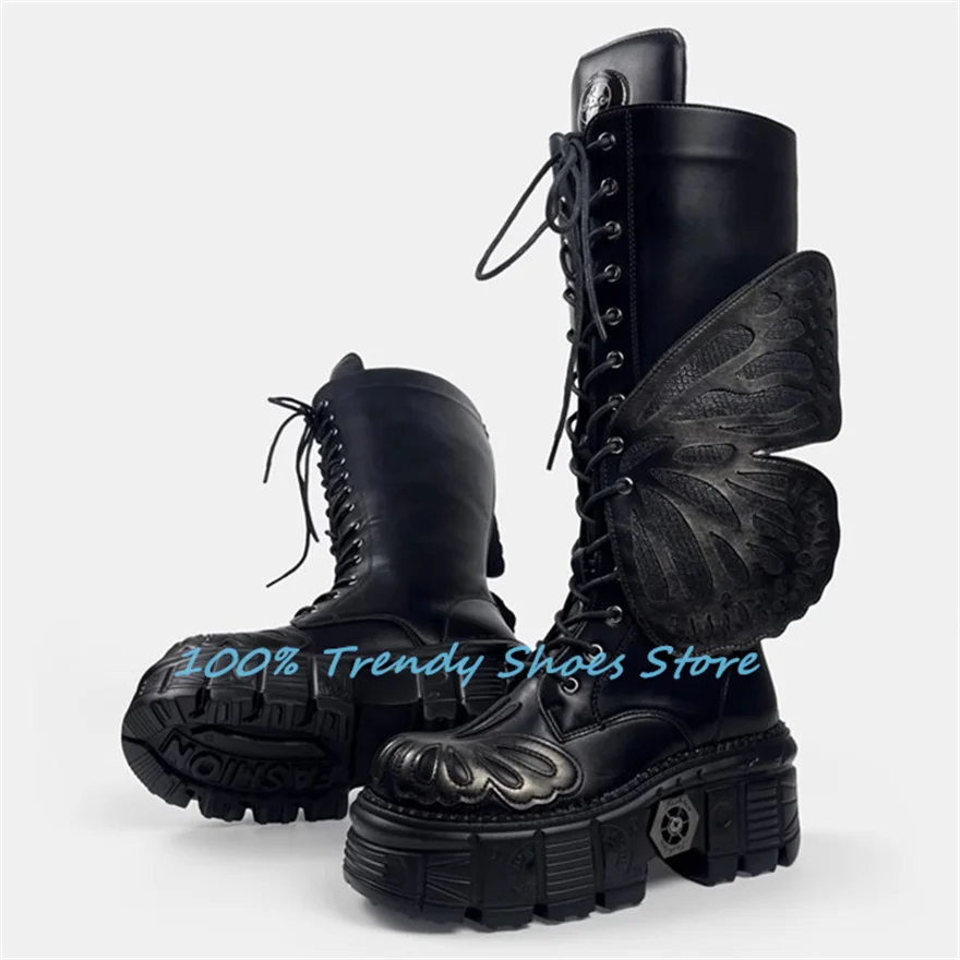 

Hollow-Out Butterfly Wing Decor Women Motorcycle Boots Punk Rivet Chunky Bottom Lace-Up Long Boots Ladies Y2K Knee High Boots