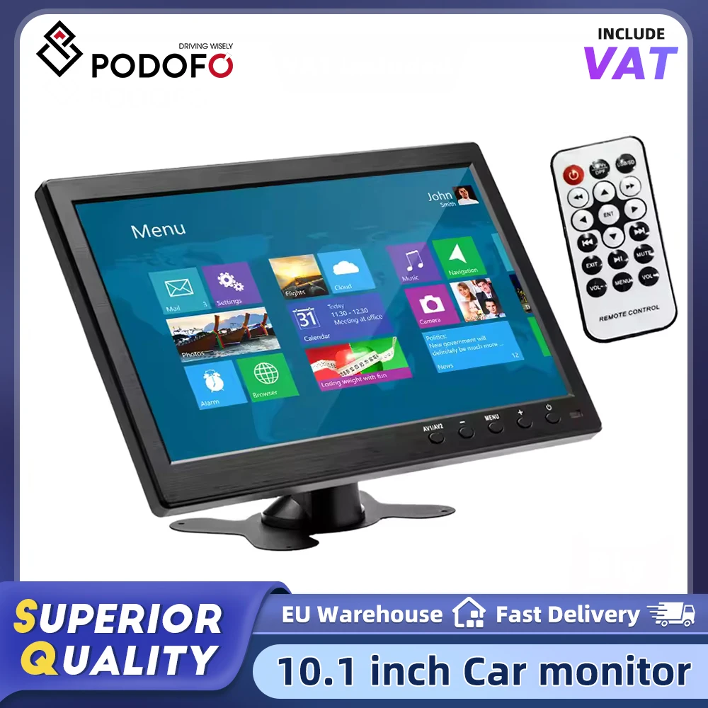 Podofo 10,1 HD Auto-Monitor TFT LCD HD Digitaler Rückfahrmonitor Multimedia-Display mit HDMI/VGA/AV/USB/SD PC/TV/DVD-Player für LKW
