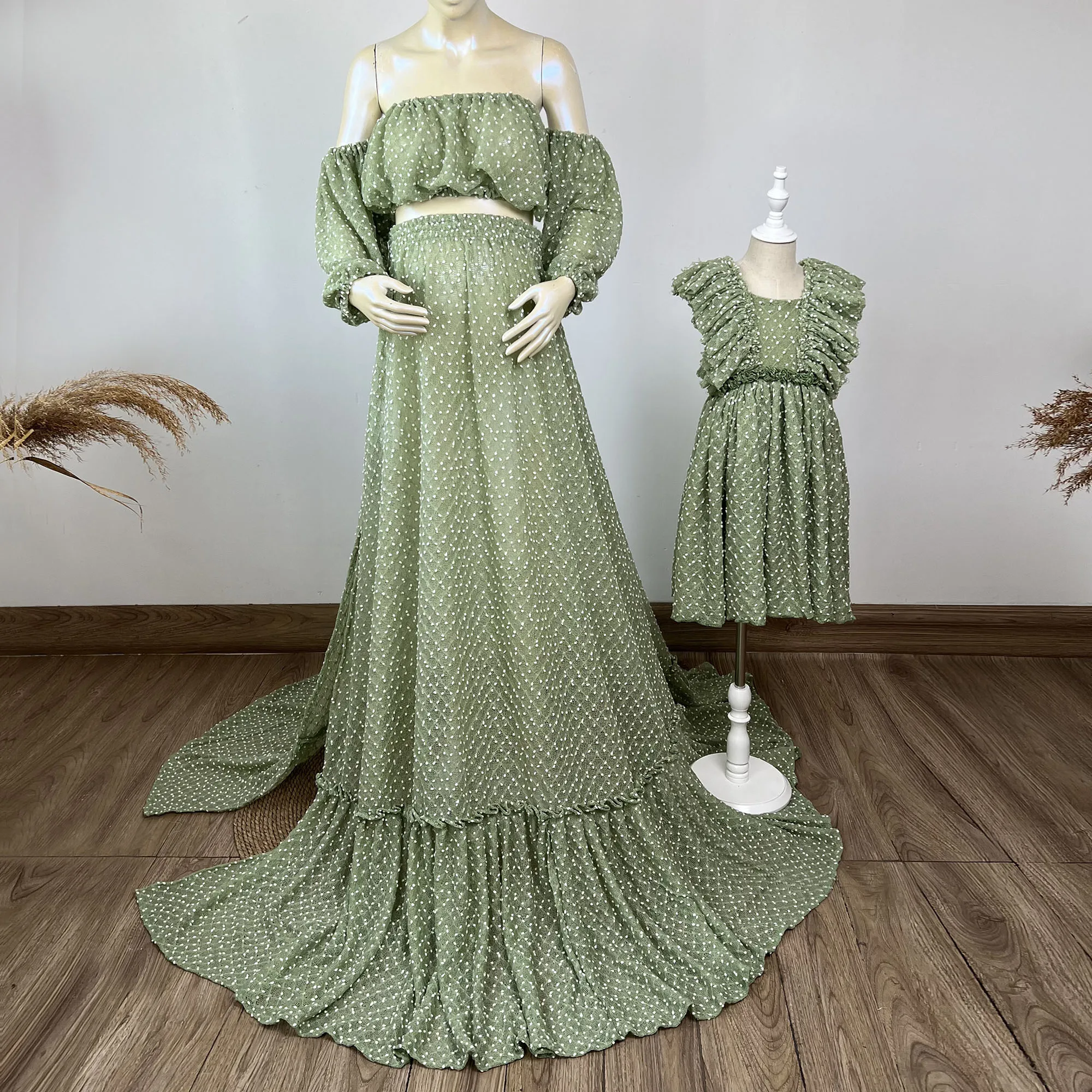 Don&Judy Bohemian Mommy And Me Maternity Photography Dress Set Mother Daughter Pregnancy Family Photo Shooting Outfit Party Gown