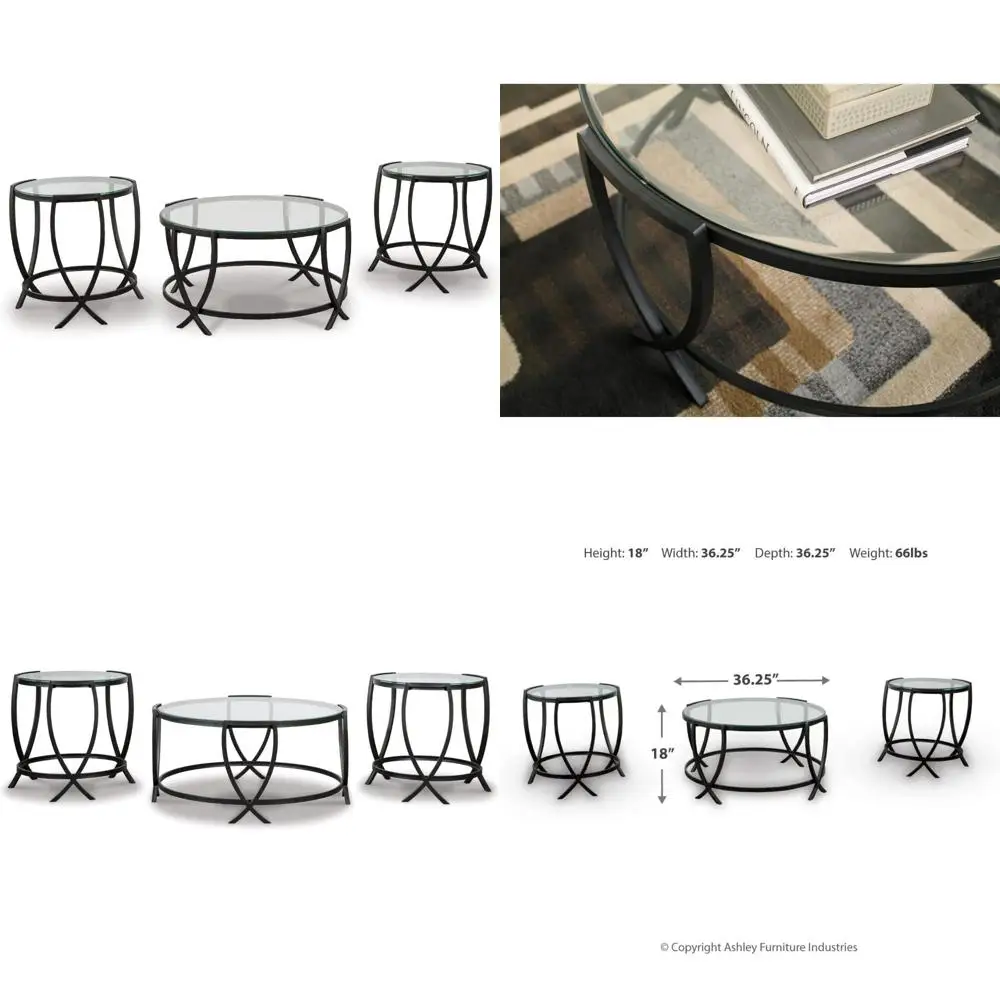 

Современный круглый стол из 3 предметов со стеклянной столешницей: журнальный столик и 2 торцевых столика, черный