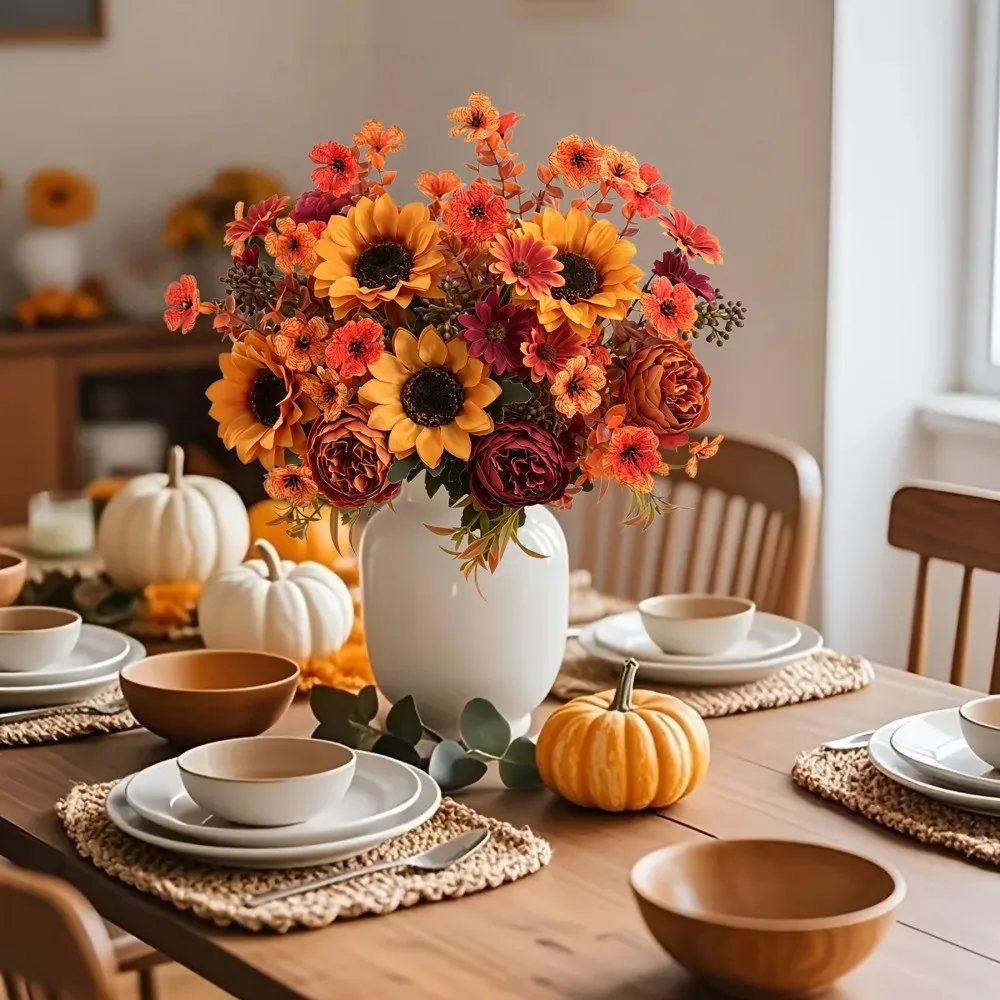 35 cm Künstlicher Seidenblumenstrauß, Sonnenblume, Gänseblümchen, Kunstblumen-Arrangement für Thanksgiving-Dekoration, Herbstdekoration für Zuhause und Hochzeit im Freien – Detail 7