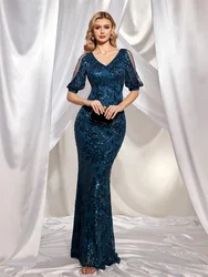 Lucyinlove Elegant Short Sleeve Sequin Evening Dress 2024 Luxury Women Mermaid Wedding Party Formal Dress Bridesmaid Prom Gowns