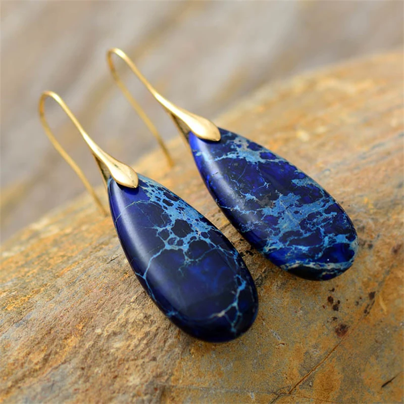 European and American Bohemian Style Imperial Stone Droplet Pendant Earrings Women Natural Stone Jewelry Personalized Earrings