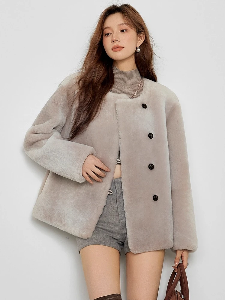 

High-end Luxury Merino Sheep Fur Winter Furry Jackets for Women 2026 New Simple O-neck Short Genuine Leather Real Fur Coat