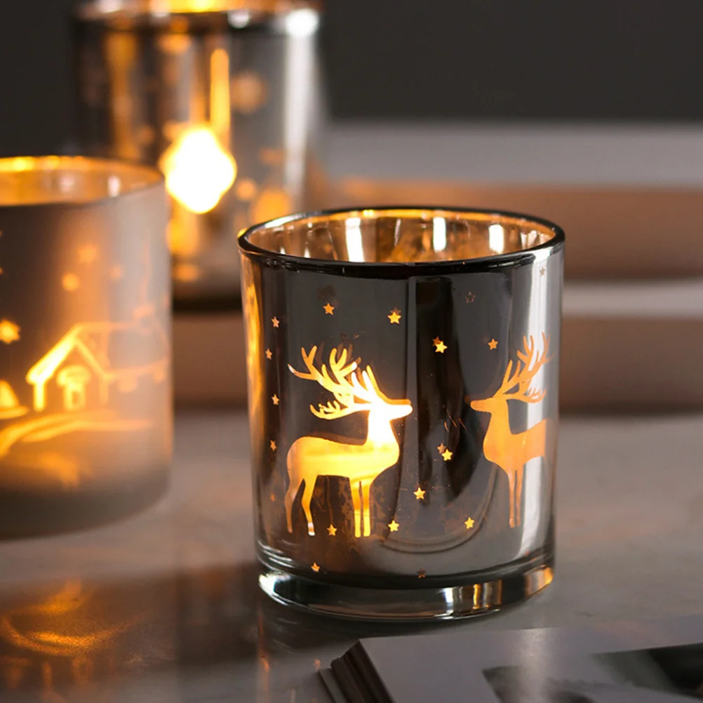

2Pcs Xmas Elk Holders Glass Deer Cups Empty Candlelight Romantic Christmas Decor Empty Glass Cup