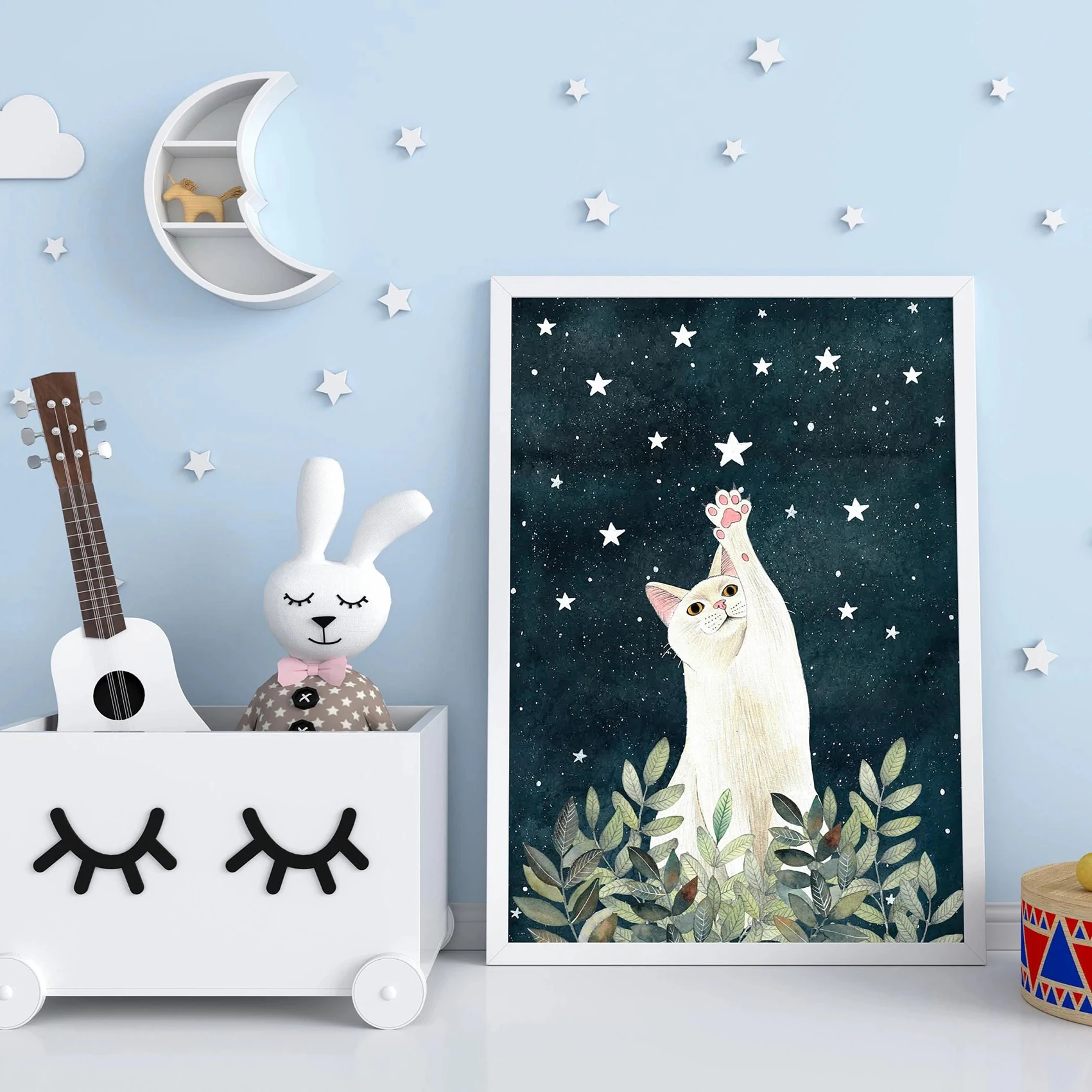 

White Cat Poster Celestial Wall Decor Pet Memorial Gift White Cat and Starry Sky Canvas Poster Home Decor Fun Cat Print Art