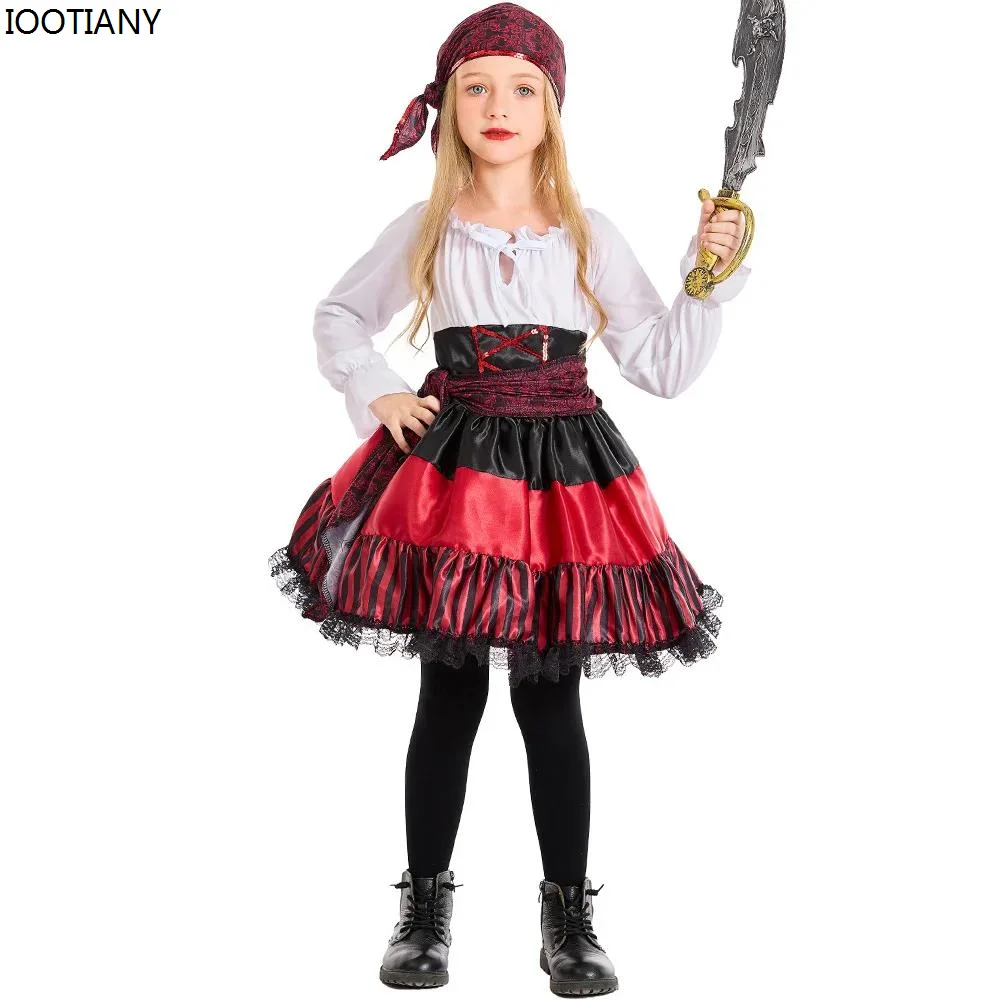 Dzieci dorosłe czerwone paski koronkowe kostiumy piratów Halloween pirat Cosplay ubrania na występy impreza karnawałowa Navigator etap element ubioru