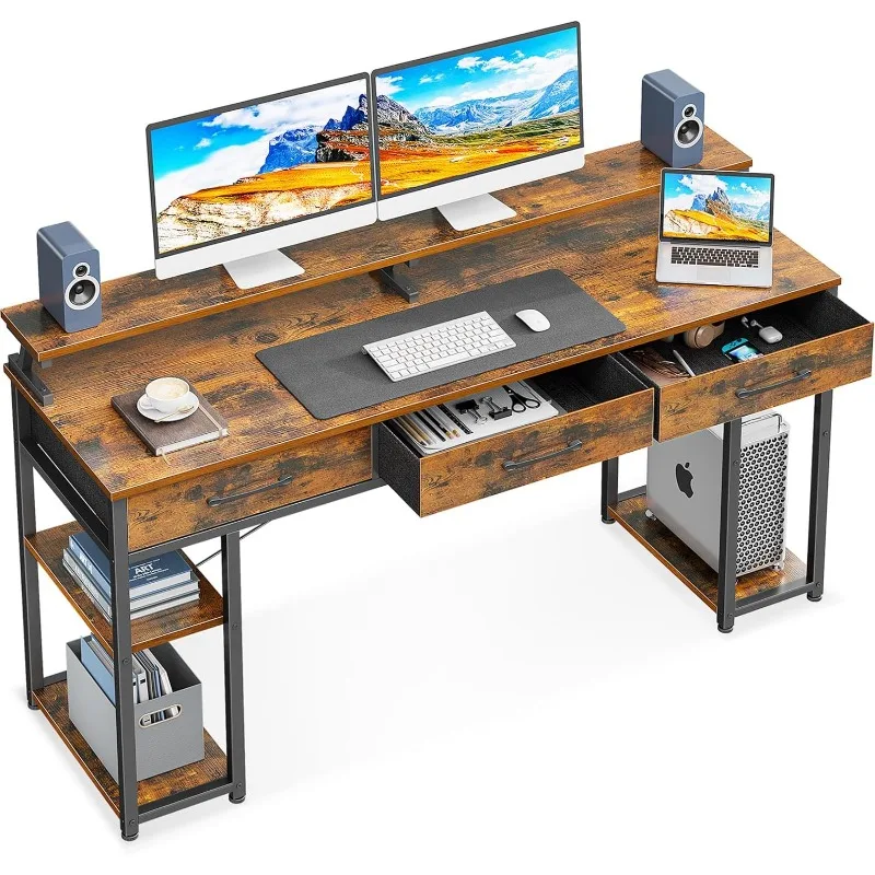 

Computer Desk with Drawers and Storage Shelves, 63 inch Home Office Desk with Monitor Stand, Modern Work Study Writing Table