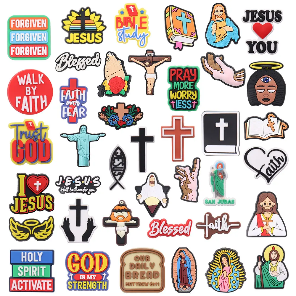 Mix 50pcs PVC God Is My Strength Hand Jesus Holly Spirit Active Faith Over Fear Shoe Charms Decorations Kids Party Xmas Gifts