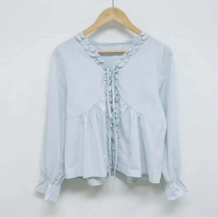 韓国風レディースレーストップ、ロマンチックなVネックボウブラウス、長袖、若々しいマッシュルームレースシャツ、エレガントな服装に