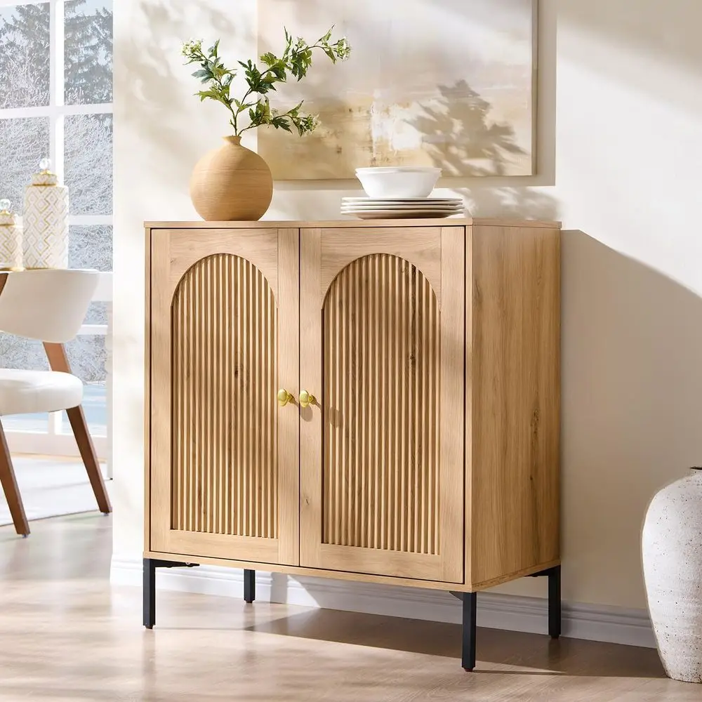 

Modern Buffet Cabinet with Storage, 34 Tall Fluted Arched Sideboard Cabinet w Adjustable Shelves, Wooden Modular Coffee Bar for