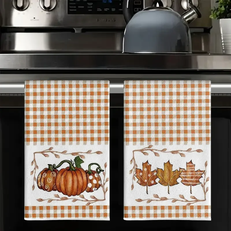 2Pcs, Plaid Maple Leaf Pumpkin Kitchen Towels, 40*60Cm Towel Set, Super Absorbent Soft Cleaning Cloth, Cooking Baking Tea Towel