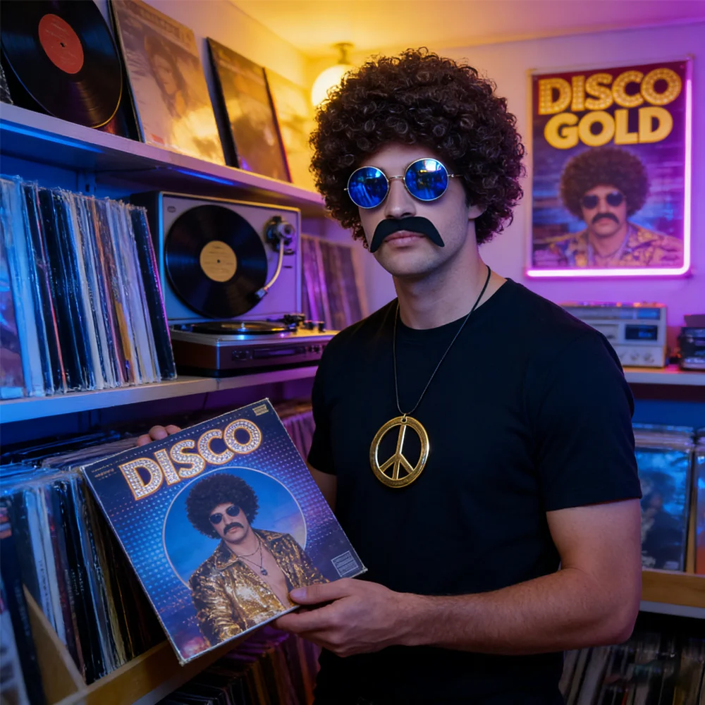 Akcesoria do kostiumów retro z lat 90.: Kręcona peruka, wąsy, naszyjnik z symbolem pokoju, okulary przeciwsłoneczne – idealne do strojów hippie/vintage z lat 90.