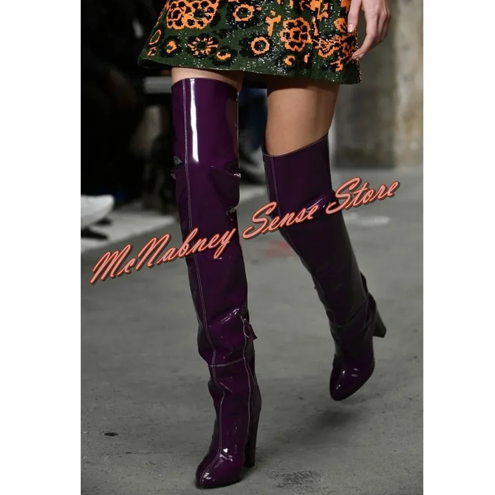 

Laser Dark Purple Long Boots Round Toe Solid Leather Chunky High Heels Sexy Shoes Side Zipper Over The Knee Winter Party Boots