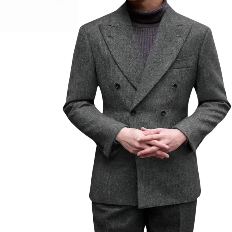 

"Premium Men's Grey Brown Herringbone Wool Suit - 2-Piece Double-Breasted Business Wedding Blazer & Pants Set, Custom Tailored