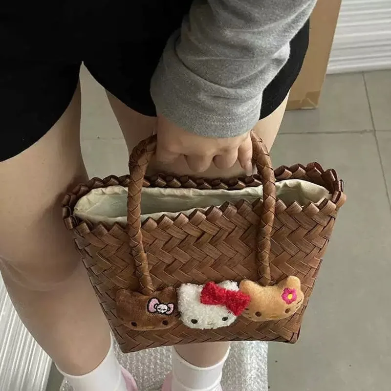 Kawaii Hello Kitty Beach Straw Handbag Y2k Cute Cartoon Kitty Cats Doll Decor Woven Bags Casual High Capacity Tote Bag For Women