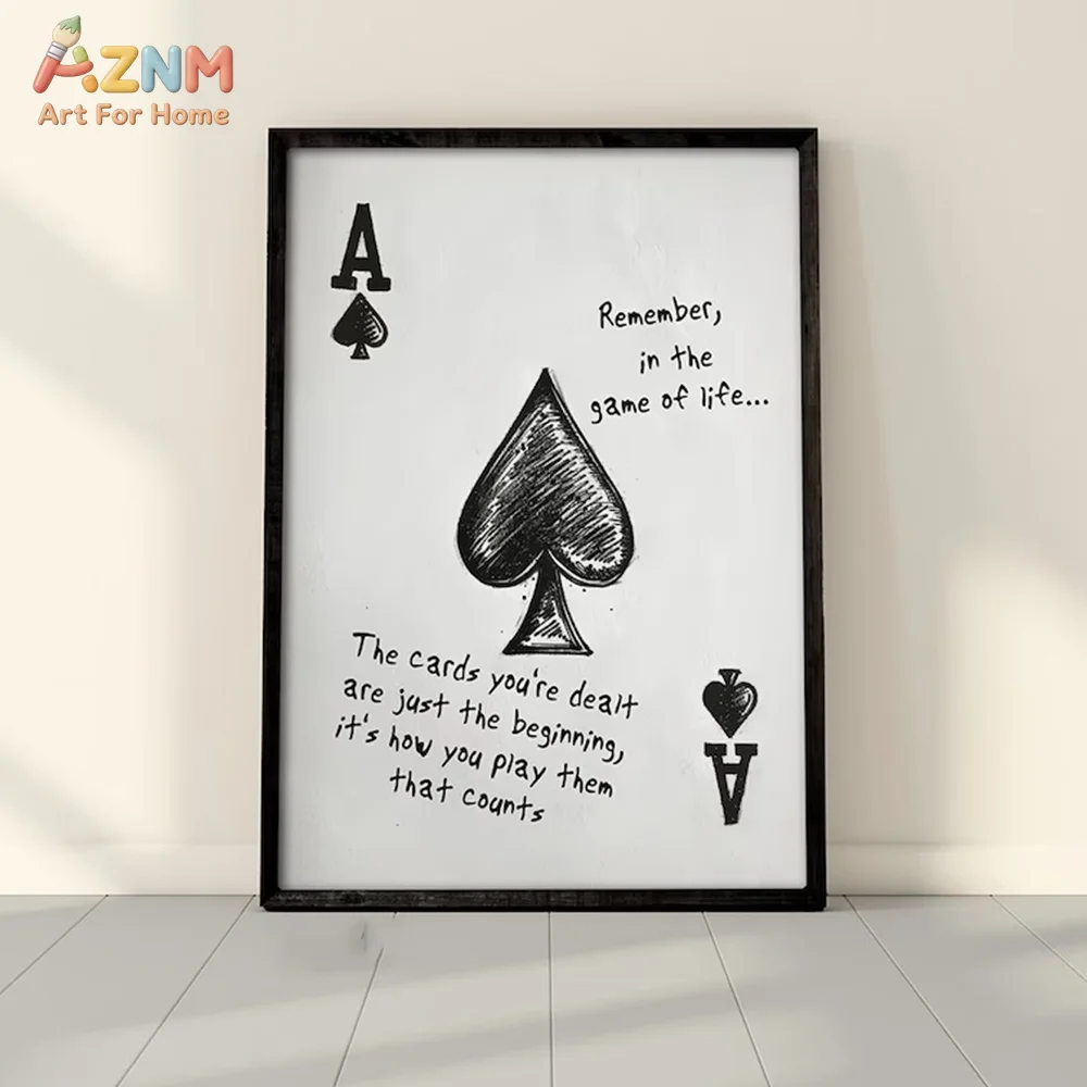 AZNM Ace of Spades Canvas Wall Art Motivational Life Quote Black White Poker Card Sketch Print Unframed Canvas Trendy Office Bed