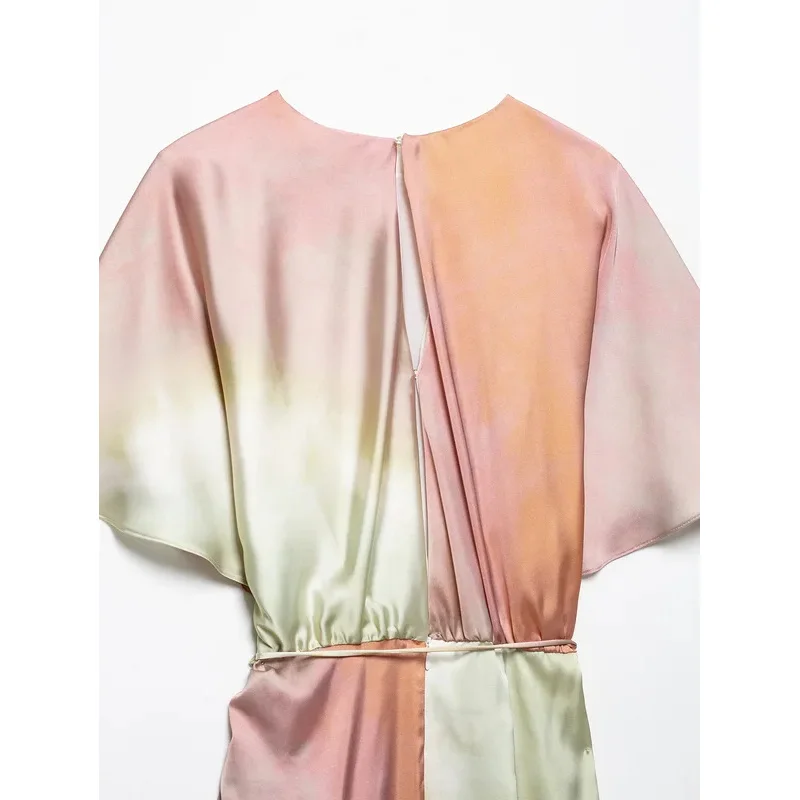 

Women's Tie-Dye Satin round Neck Midi Dress with Belt Short Sleeves Back Zipper Summer Fashion Party Dress