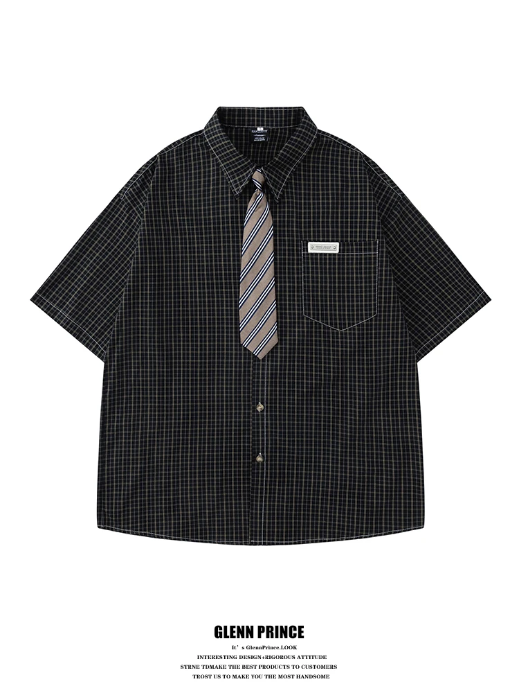 

Повседневная мужская рубашка из хлопка и полиэстера с коротким рукавом и галстуком в американском стиле, летняя новинка, парная, дышащая, свободного кроя