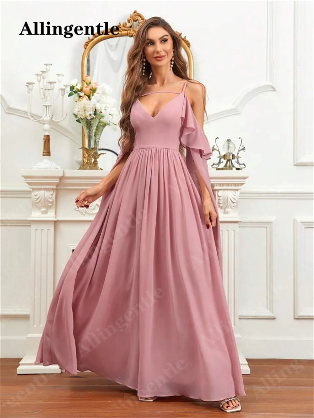 Allingentle Spaghetti Strap V-Neck Bridesmaid Dress 2024 Chiffon Ruffles Sleeves A-Line Prom Gowns Zipper Back vestidos de noche