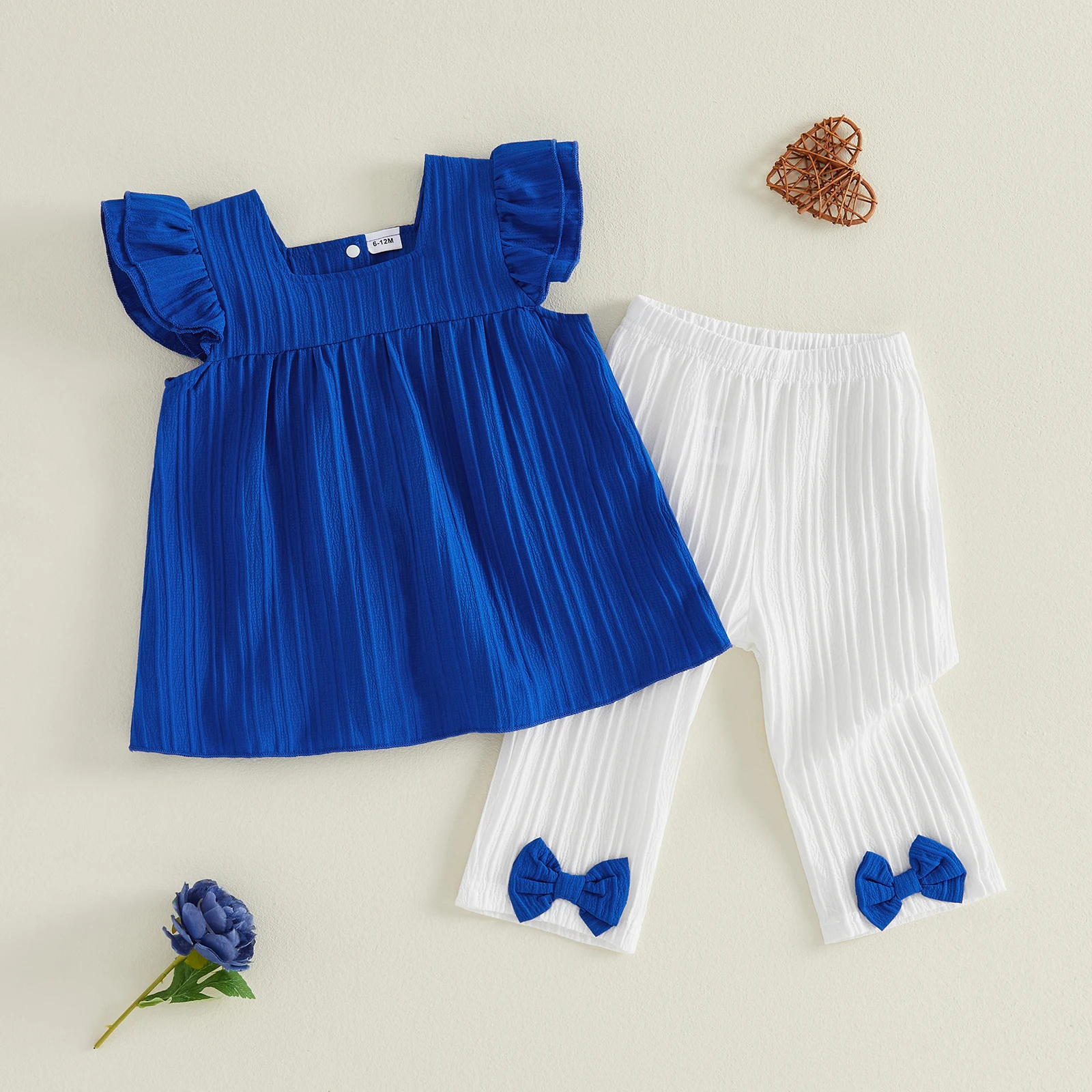 2Pcs Toddler Girls Summer Outfits Flying Sleeve Square Neck Solid Color Babydoll Vest Tops Elastic Waist Pants Set 1-4Y