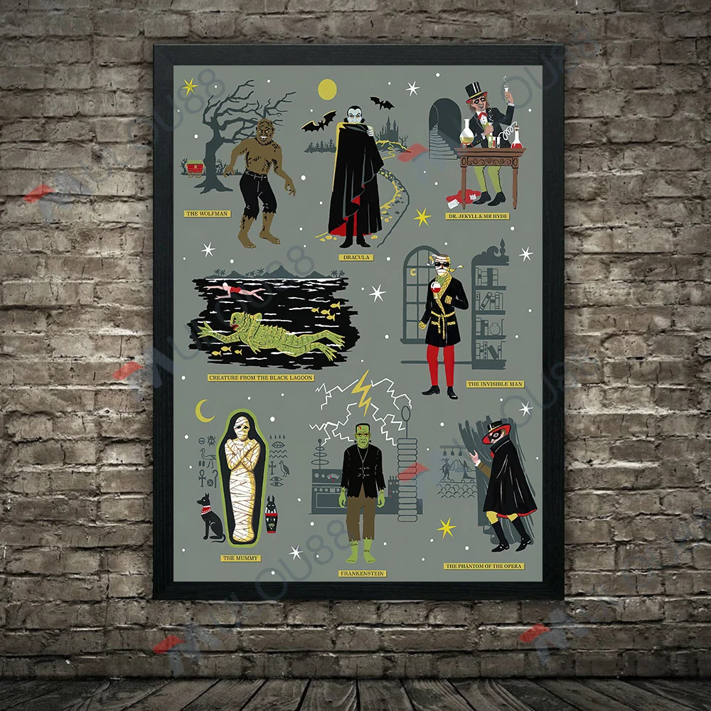 فيلم الوحش والمخلوقات الخارقة للطبيعة خمر الرسم على لوحات القماش الجدارية طباعة ، الغريبة ، UFO ، العثمان ، كراكن ملصق فني طباعة