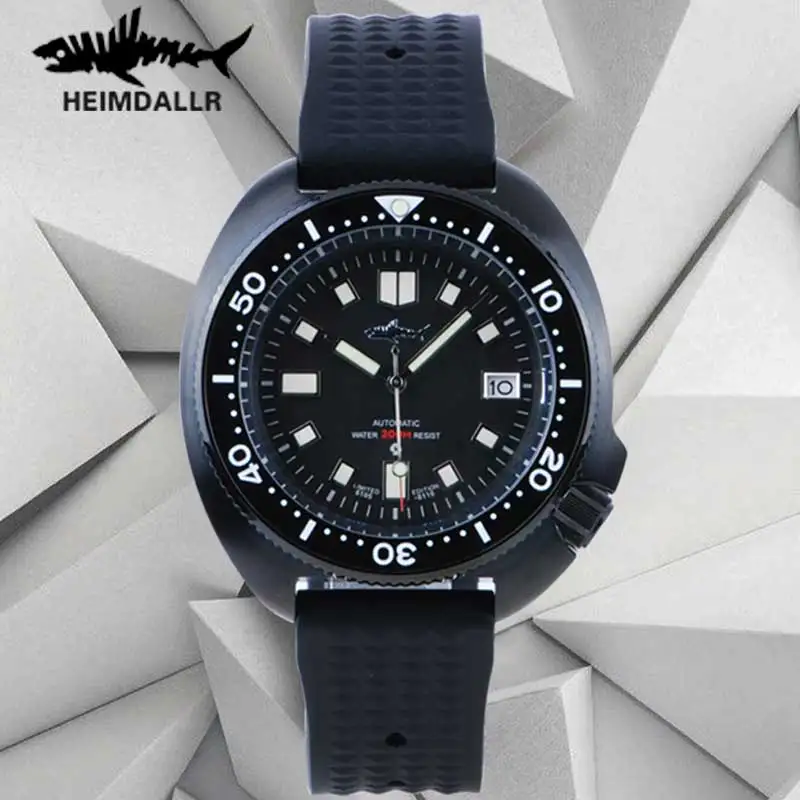 Heimdallr Men Mechanical Watch 20ATM Waterproof Sapphire Crystal Black PVD Coated Case C3 Luminous NH35 Automatic Diver Watches