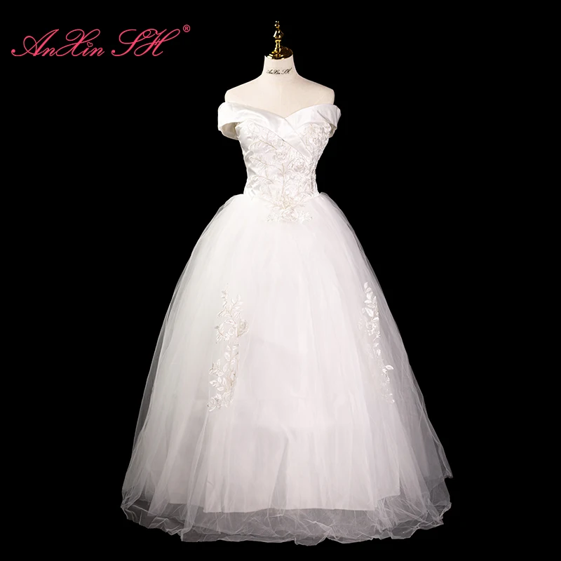 AnXin SH French Retro princess white flower lace champagne rose boat neck lace up ball gown ruffles simple bride wedding dress