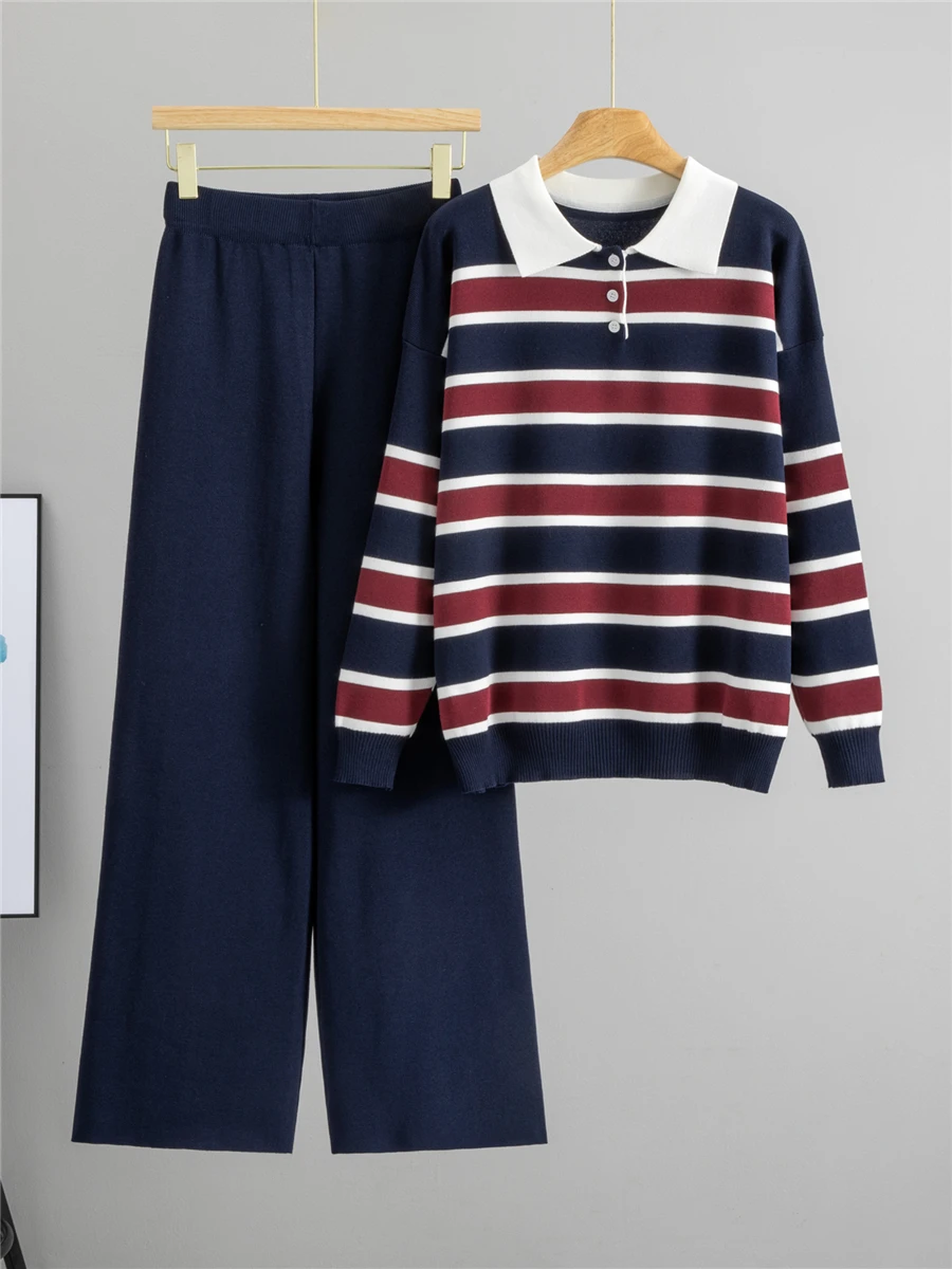 

Fashionable Korean Style Striped Knitted Base Shirt Collar Casual Wide Leg Pants Two Piece Set Women's Spring Wear