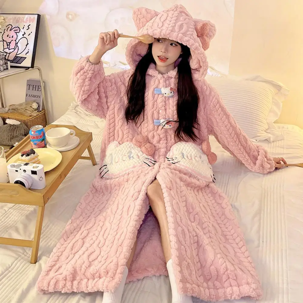 

2025 New Hello Kitty Autumn Winter Women's Cute Coral Velvet Pajamas Long Bathrobe Velvet Thickened Sleeping Gown Home Clothing