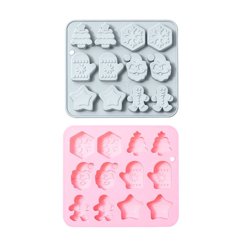 Christmas Silicone Mould 12 Cavity Christmas Tree Snowflake Gloves Five-pointed Star Gingerbread Man Baking Mold