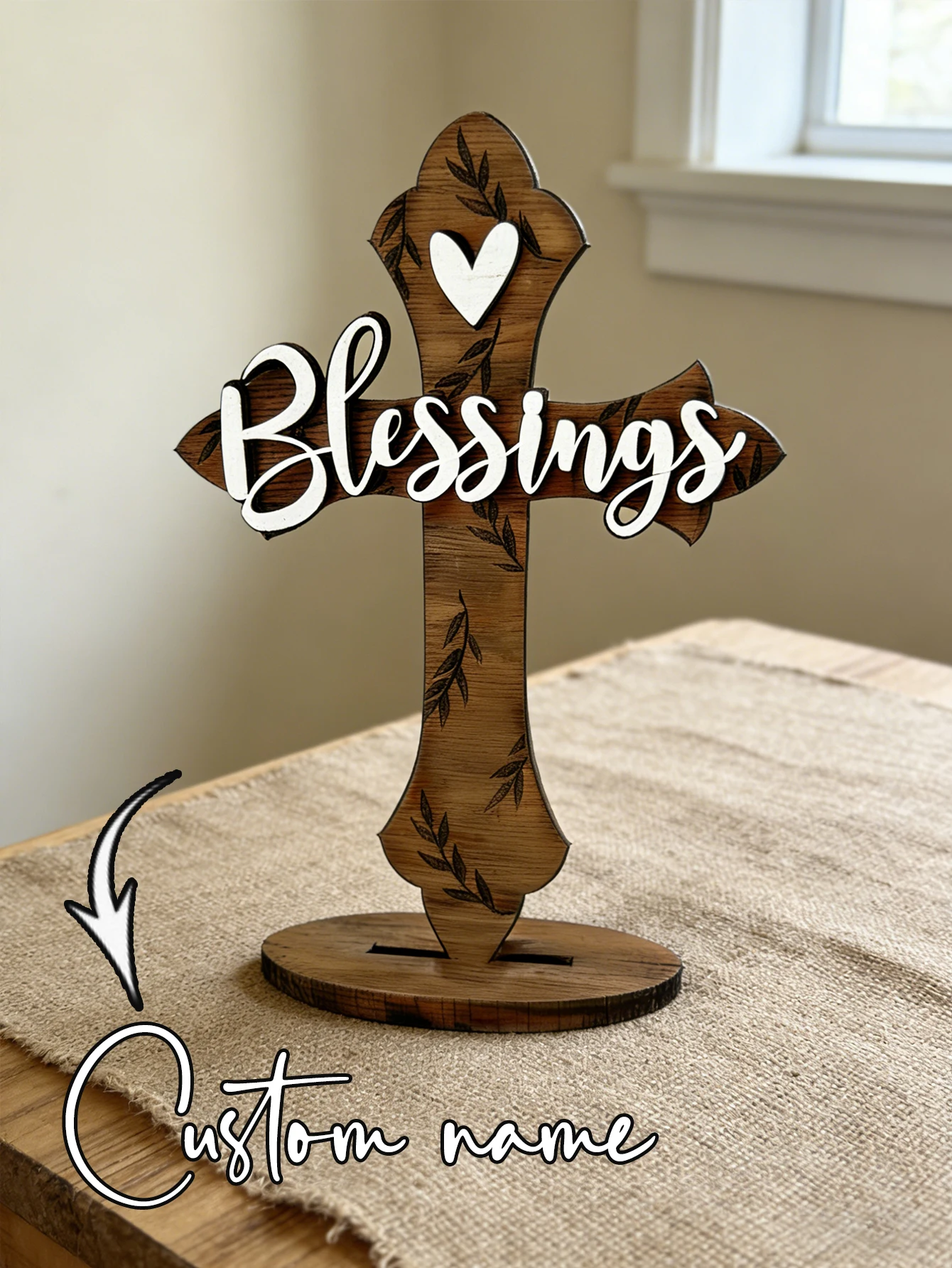 Custom Name Blessings Wooden Cross Tabletop Sign Religious Heart Leaf Plaque Christian Home Decor Baptism Wedding Faith Keepsake