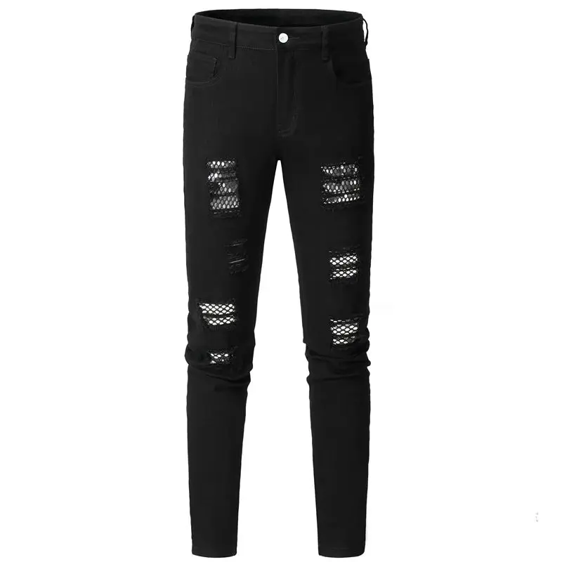 

New Men's Workwear Denim Pants Hole Ruined Printed Youth Fashion Casual Slim Fit Denim Pants Men High Street Pants
