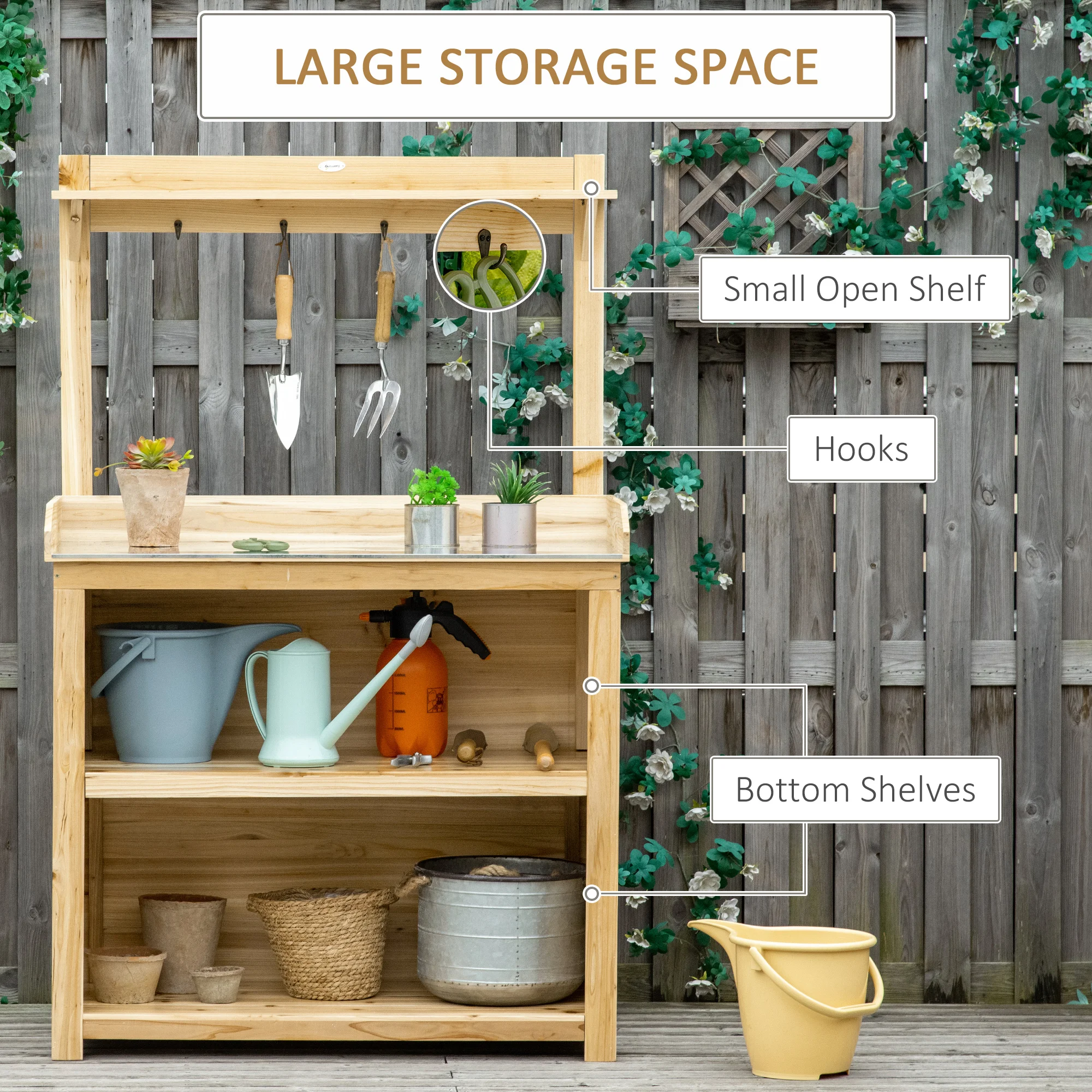 Garden Potting Bench Table Workstation W/ Galvanized Tabletop, Storage Shelves