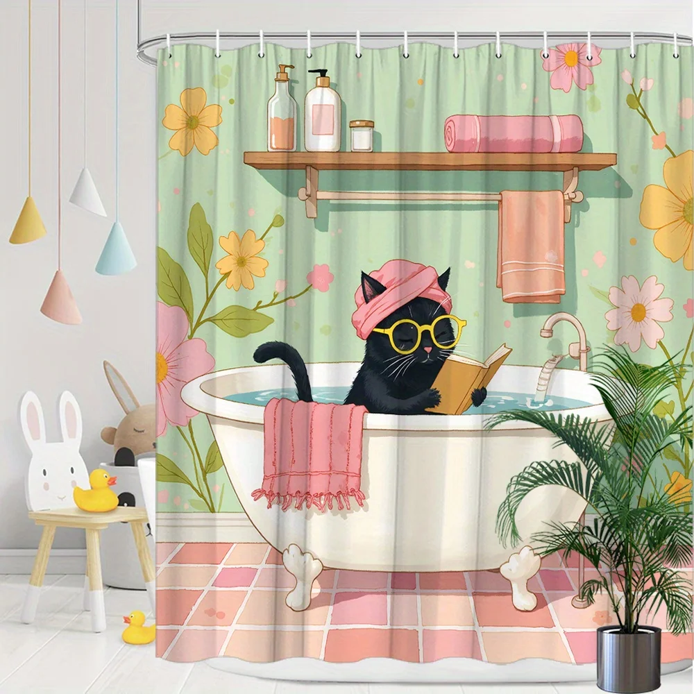 Bathing Cat Shower Curtain Black Kitty in Tub with Towel Print Waterproof Polyester Bathroom Decor