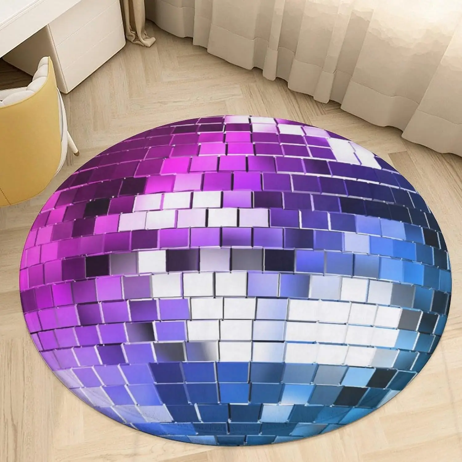 Purple to Blue Disco Ball Round Rug Mirror Tile Effect for Party or Lounge Area