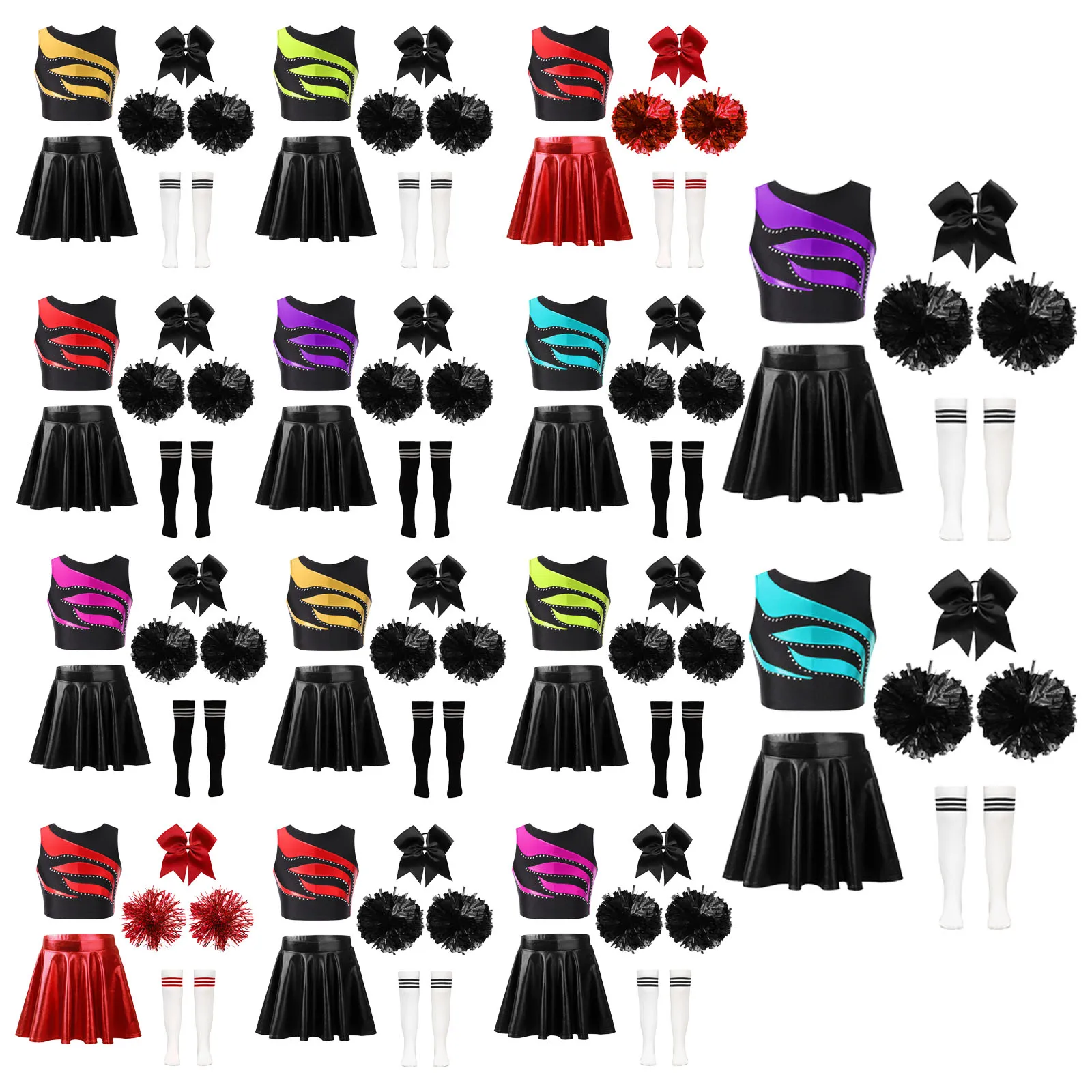 Costume da cheerleader per bambina, completo di abbigliamento da ballo moderno, top corto senza maniche con gonna svasata, copricapo, calzini con fiori a mano