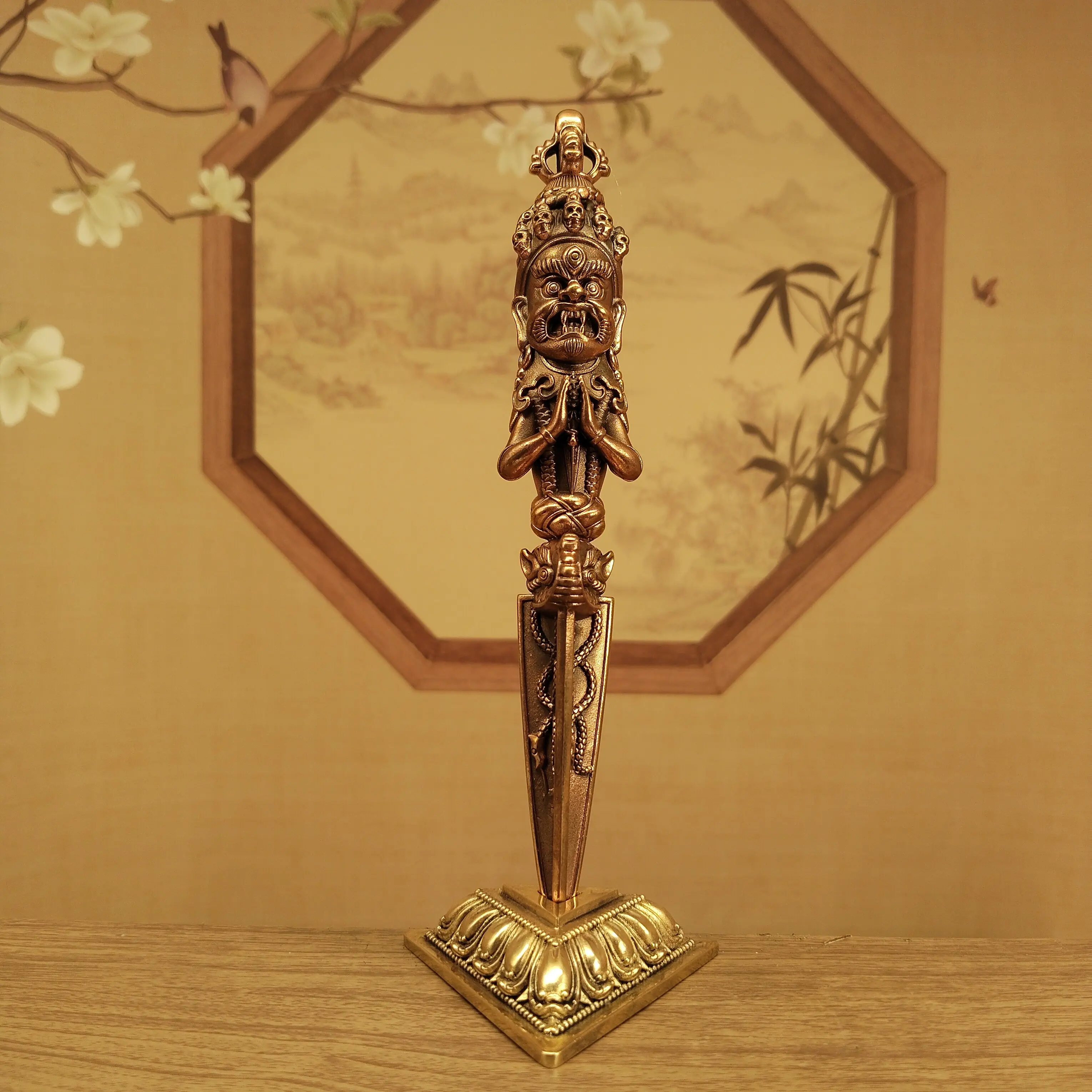 Nepal Craft Fine Copper Vajrakilaya Phurba Ritual Ornament with Base Home Altar Blessing