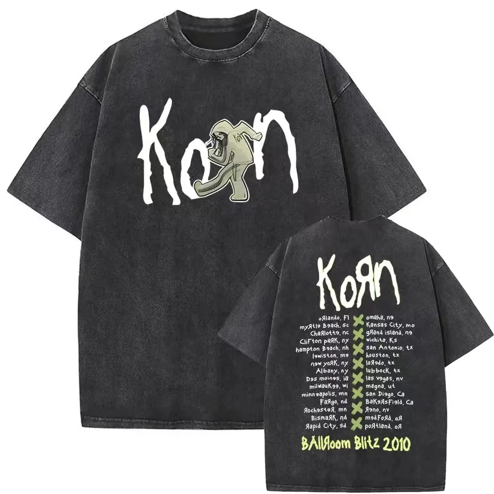 Washed Vintage Rock Band Korn Falling Away From Me Tshirt Skeleton Print T-shirts Men Fashion Gothic T Shirt Male Oversized Tees