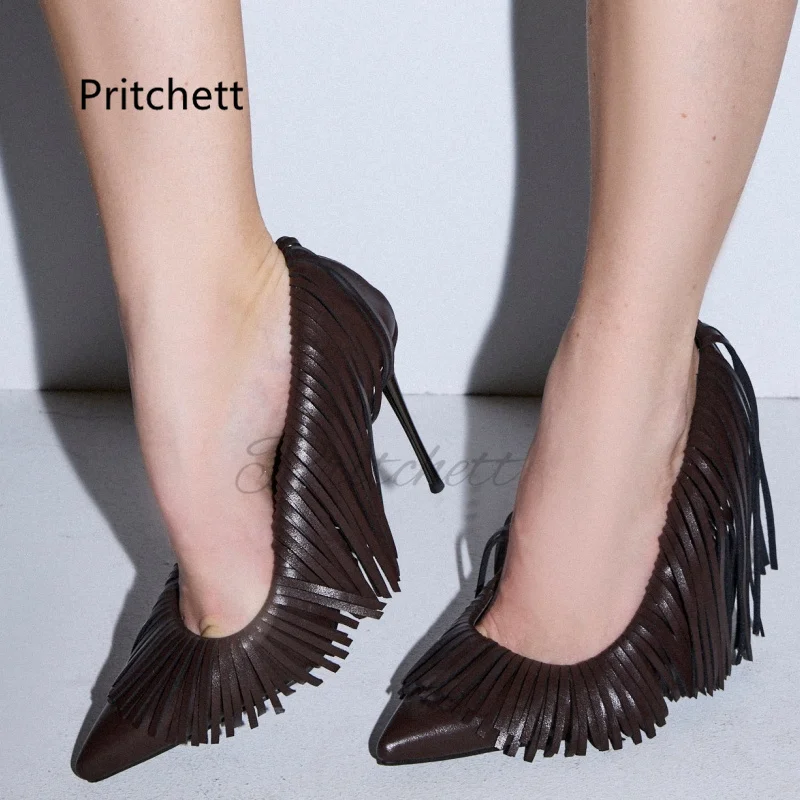 Pointed Toe Tassels Pumps for Women Leather Slip-On Solid Color Thin High Heels Fashion Elegant Fringe Party Dress Shoes