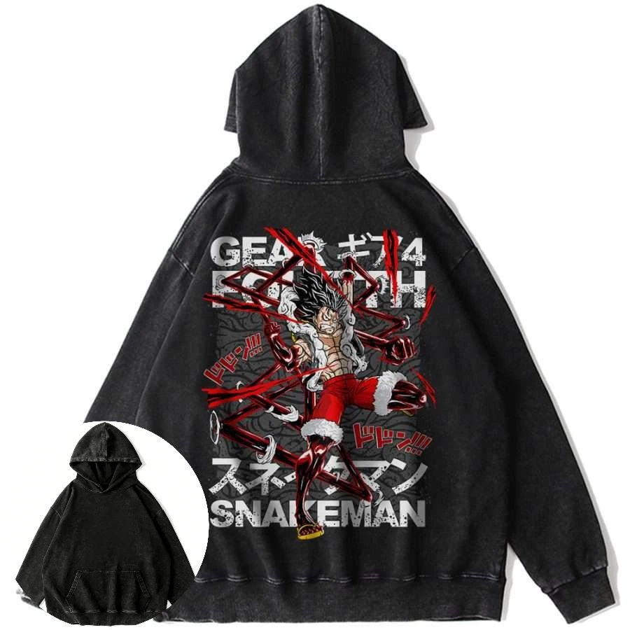 

Men's Vintage Cotton Hoodie with One Piece Anime Gear Fourth Snakeman Character Red Effects Print Retro Long Sleeve Sweatshirt