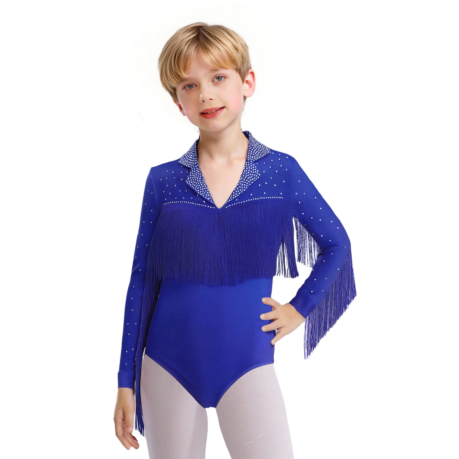 

Kids Boys Jazz Latin Dance Leotard Ballroom Dancewear Long Sleeve Shiny Rhinestones Tassel Leotard for Performance Competition