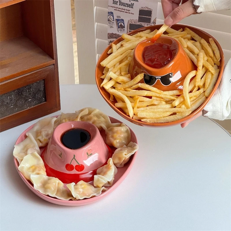 Cowboy Hat Ceramic Divided Dumpling Plate With Sauce Dish food tray Home Table Decor Party Centerpiece Gift For Couples And Kids