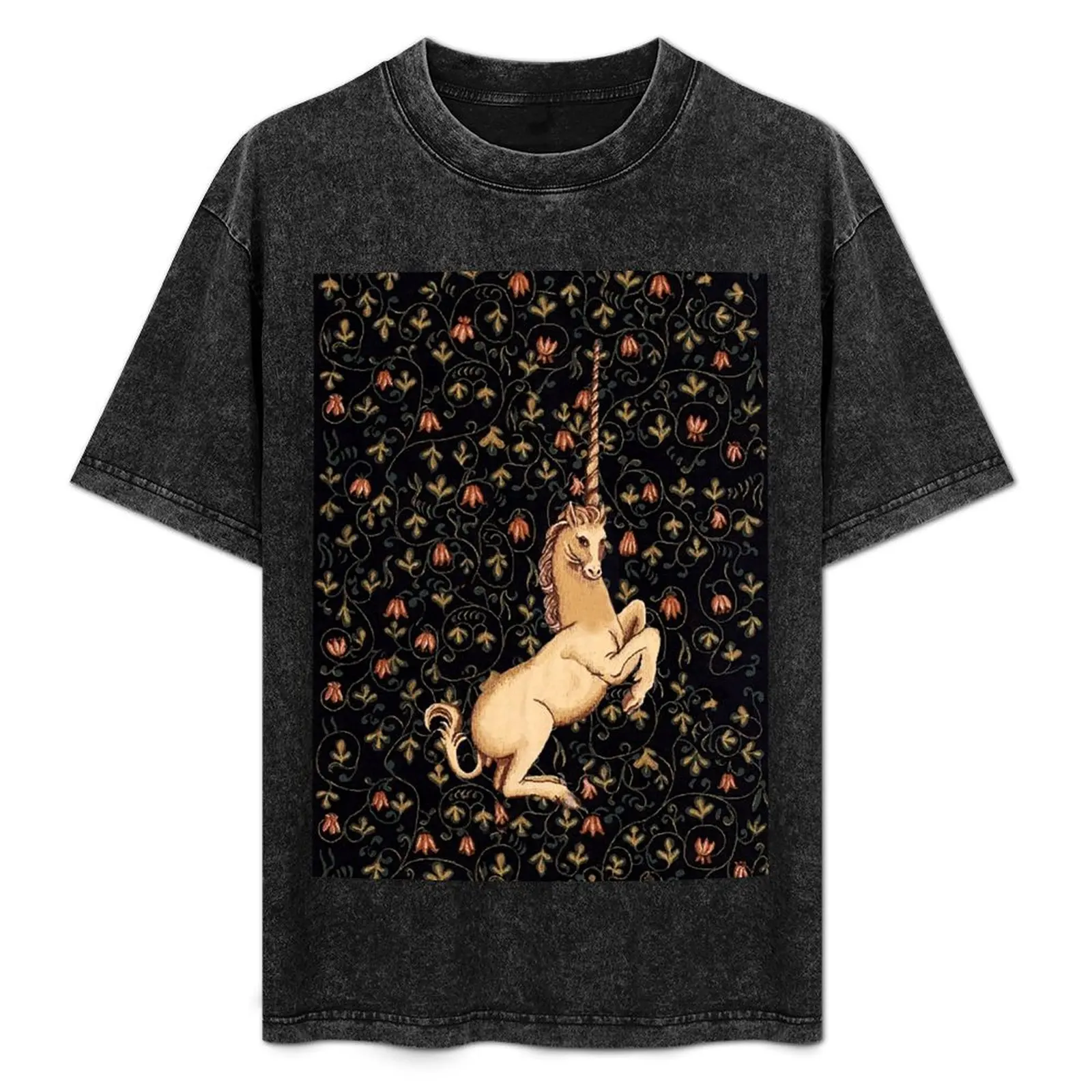 Medieval Unicorn Midnight Floral Tapestry T-Shirt oversized t shirt aesthetic clothes for a boy customs mens champion t shirts