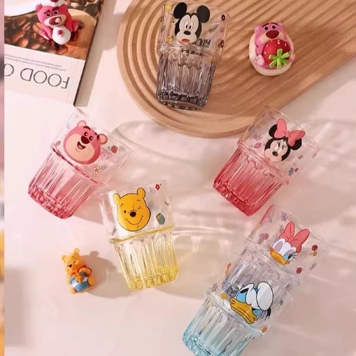 Disney Anime Kawaii Mickey Minnie Glass Pooh Bear Transparent Water Cup Household Cartoon Colorful Box Gifts Vertical Coffee Cup