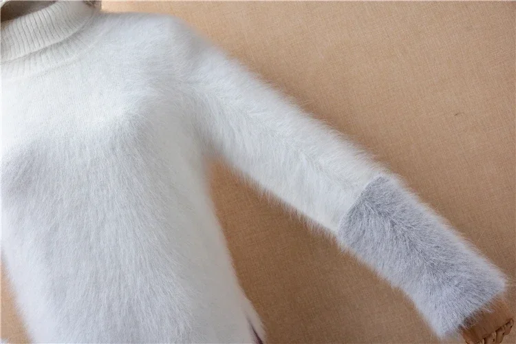 Feminino feminino outono inverno roupas branco peludo pelúcia vison cashmere malha gola alta blusas finas pulôver camisola puxar