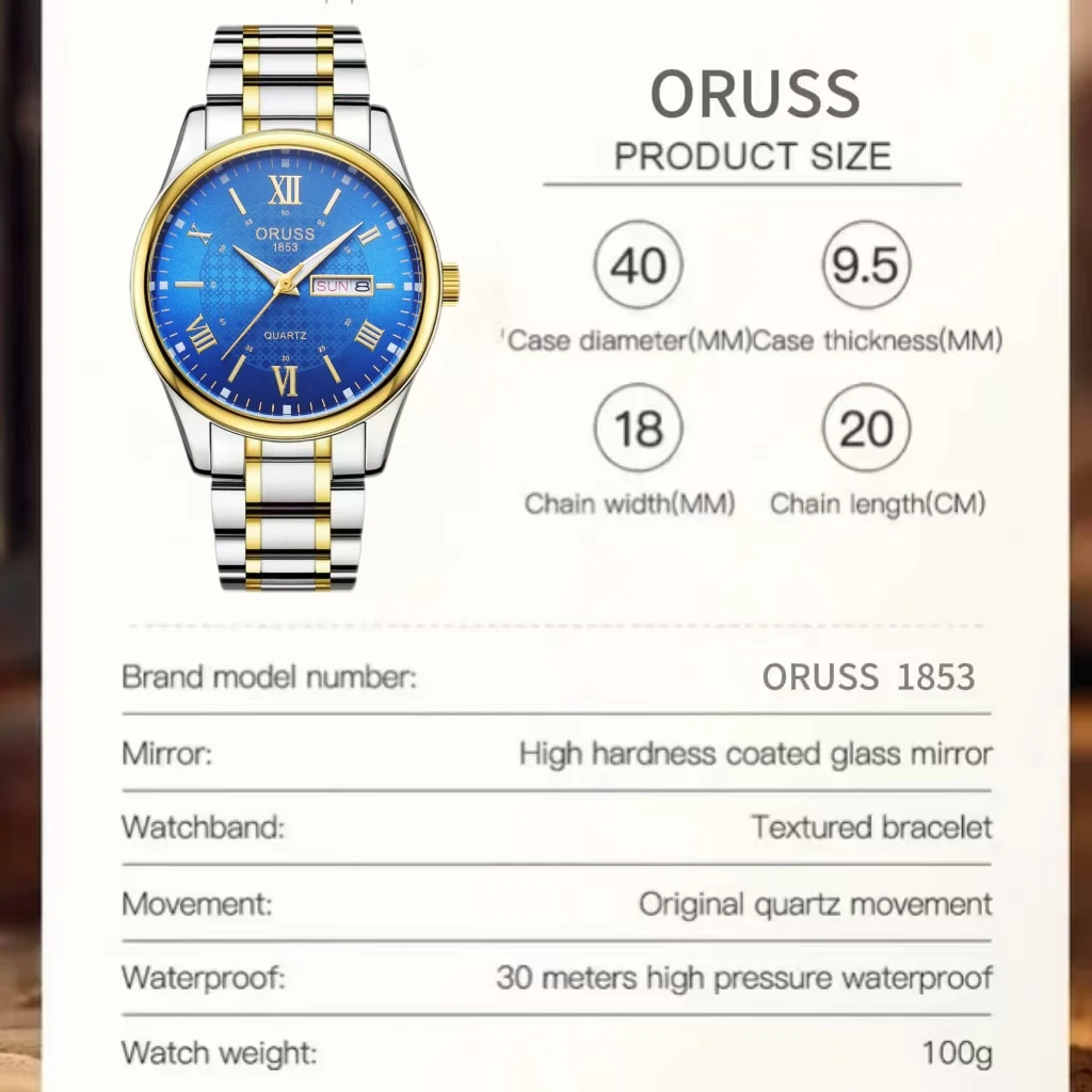 ORUSS الأصلي الرجال الفولاذ المقاوم للصدأ التقويم المزدوج مقاوم للماء مضيئة ساعة ذهبية فاخرة موضة كوارتز ساعة اليد الذكور وصول جديد