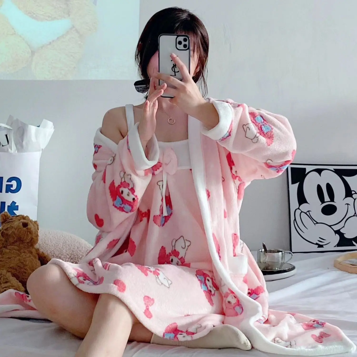 Cinnamoroll Nightgown Sanrio Anime Sexy Thick Warm Flannel Print Nightgowns Robes Set For Women Sleepwear Bathrobe Night Dress