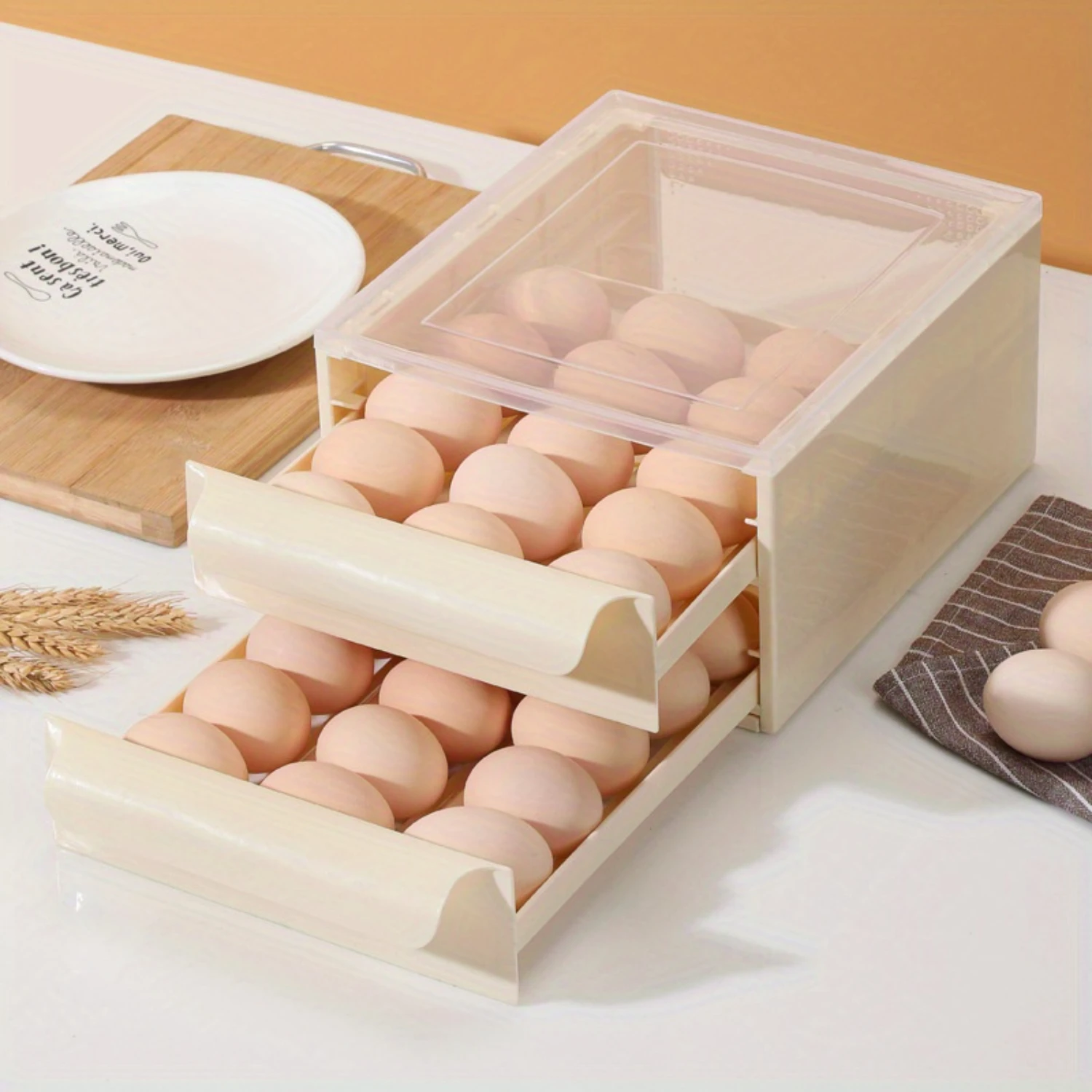 Food-Safe Space-Saving Double-Layer Egg  Rack - Holds 30 Eggs, Automatic Rolling Design For Easy Access, Perfect For Fridge Or